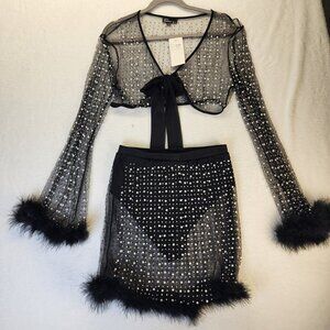 NWT Hot & Delicious Two Piece Skirt Crop Top Set Sz Large Black Fur Trim Pearl